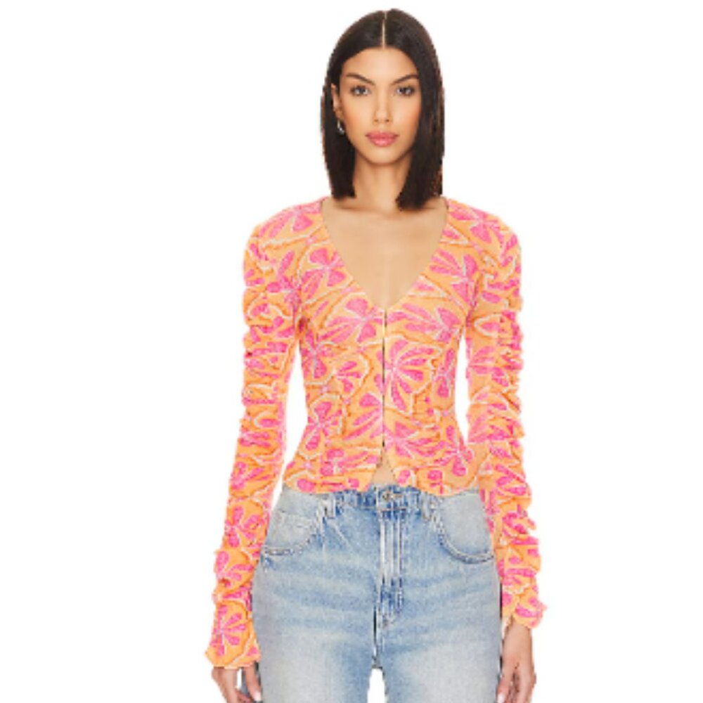 NWT Free People Through the Meadow Mesh Top Grapefruit Seltzer Size Large